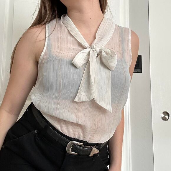 Cute Bow Tie Front White & Gold Metallic Stripe Blouse - Picture 1 of 4